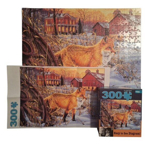 Buffalo Fox Jigsaw Puzzle 300 Pieces Hiding Place Poster Snow Barn Country Red - Picture 1 of 9